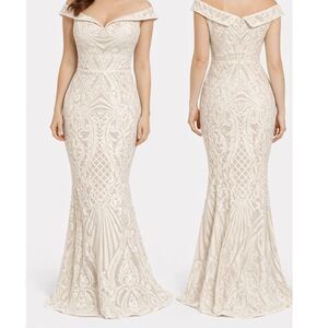 Fashion Nova Ivory Sequin Lace Gown Mermaid Maxi Dress Size S/M Formal